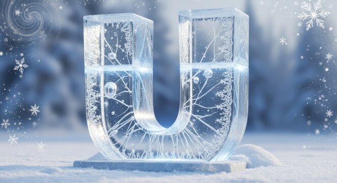 Icy Letter U on Snow, Winter Wonderland, Festive Holiday Decoration
