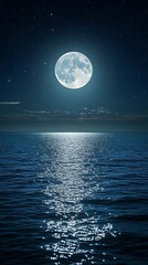 Shining Moon Over Calm Ocean Water at Night with Starry Sky Above