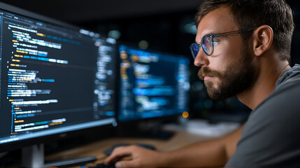 Fototapeta premium Focused Programmer Working Late at Night on Multiple Screens With Code and Technology in a Modern Workspace