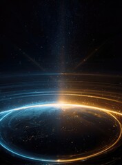 Fototapeta premium A stylized Earth viewed from space, encircled by glowing concentric rings of blue and orange light, emanating from a central point of intense brightness against a dark backdrop of space