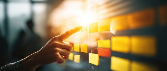 A person points at a glowing digital board filled with sticky notes, suggesting planning, teamwork, and workflow organization in a modern office setting