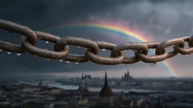A chain is hanging down from a building. The chain is wet. Chains breaking over rainbow flag with faint Budapest skyline overlay, conceptual freedom symbolic, pride dark muted tone