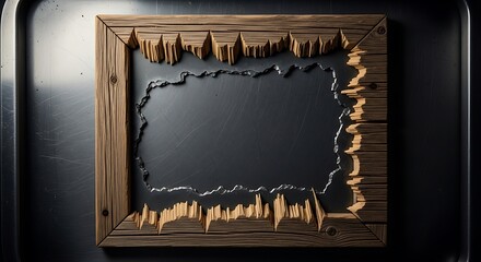 A square wooden frame with a textured, uneven edge and a dark, blank center rests on a metallic surface