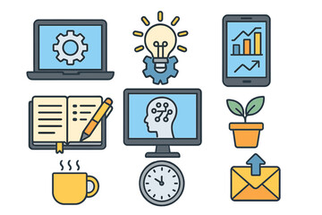 Set of business icons for productivity, technology, and artificial intelligence. Vector illustration includes laptop, idea lightbulb, growth chart, AI head, and communication symbols.