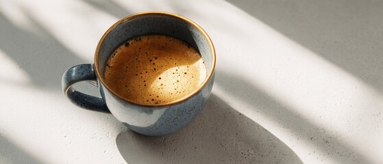 Happy morning with delicious coffee. Warm coffee in a stylish cup on a light surface. High quality