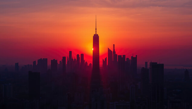 Sunset City Skyline Silhouette: Stunning Urban Architecture and Skyscrapers at Dusk - Powered by Adobe