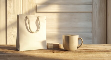 White Coffee Bag and Mug on Wooden Table in Sunny Interior variation 4. High quality