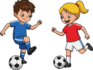 Boy in blue soccer uniform and girl in red jersey playing football, active children sports illustration, teamwork and exercise, outdoor activity, fun and fitness © Amol Chandra