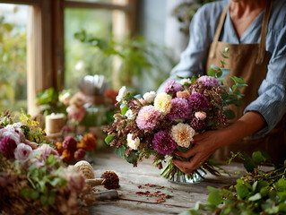 Woman Arranging Colorful Flowers in a Bright Workshop Filled With Greenery During the Day