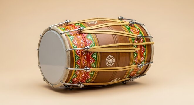 A traditional dhol drum with colorful intricate patterns and leather straps, isolated on a neutral background