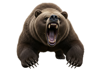 A powerful grizzly bear, mouth wide open in a ferocious roar, displays sharp teeth and claws, with a dark background.