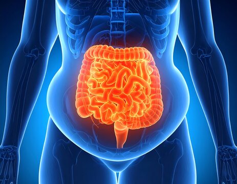 3D anatomical illustration of a female digestive system with a visible belly