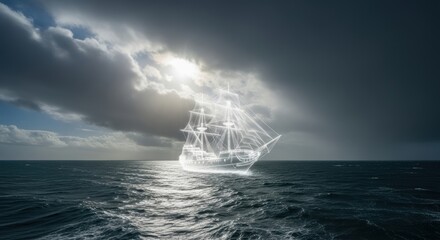 Ghostly Ship Sailing Across Dark Ocean Waters Under Cloudy Sky