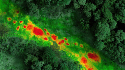 Wild animal tracking heatmap over dense forest showing animal movement patterns and habitat use in vibrant colors