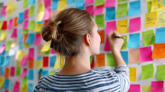 Creative Brainstorming Session With Colorful Sticky Notes on Wall by a Woman in Casual Attire