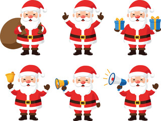 Cute Santa Claus Cartoon, Christmas Holiday Character, Gift Holding, Bell Ringing, Megaphone, Sleigh Bag, Festive Pose, Merry Christmas, Holiday Celebration, Vector Art