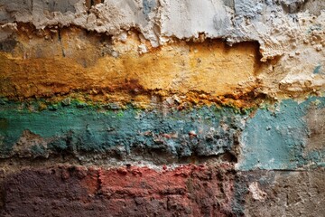Obraz premium Colorful layers of peeling paint and crumbling plaster on an old, weathered wall.