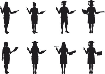 Graduates and students silhouette sequence holding books and laptops, academic achievement, education concept, graduation ceremony illustration, learning and teaching, knowledge sharing