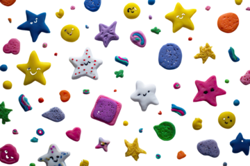 Colorful, decorated cereal pieces scattered on black background