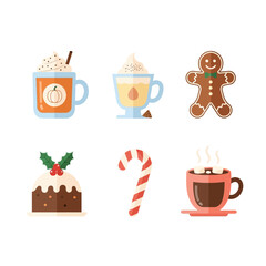 Flat lay illustration of six festive winter holiday treats: pumpkin spice latte, eggnog, gingerbread man, Christmas pudding, candy cane, and hot chocolate, against a white