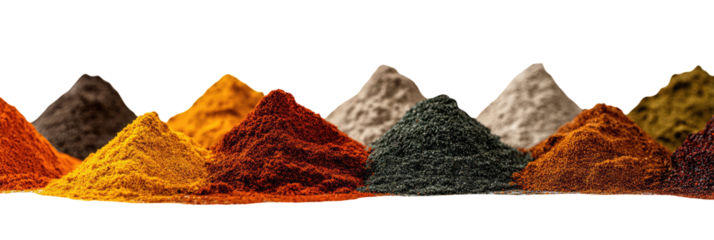 Colorful spice piles against a dark background
