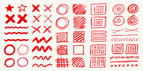 Collection of hand drawn red doodle shapes and symbols on a white background