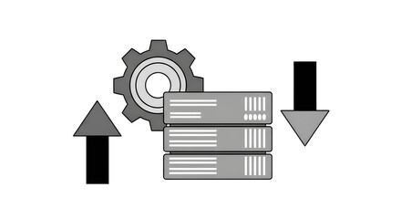 Flat illustration of server racks with gear and arrows indicating data flow cogwheel isolated on a white transparent background png file download.
