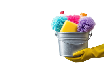 Hand in yellow glove holds a metal bucket filled with cleaning supplies