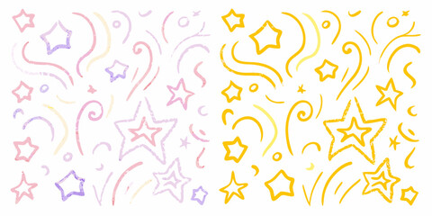 Whimsical hand drawn stars and swirls pattern in pastel pink purple and bright yellow on white background