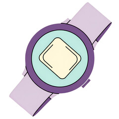 Flat illustration of a digital smartwatch with purple bezel and light purple band technology gadget image isolated on a white transparent background png file download.
