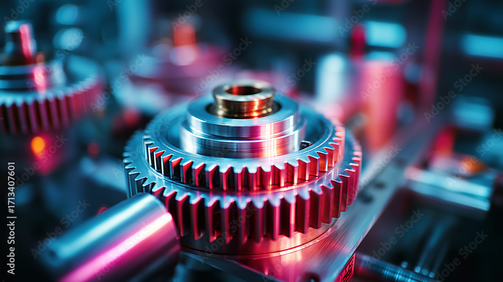 Poster close-up view of metallic gears and cogs in high detail with colorful lighting effects