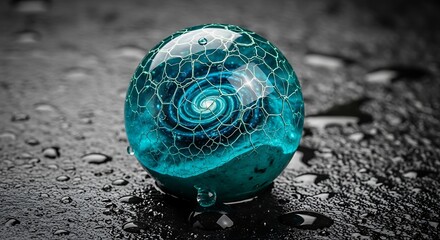 A teal glass sphere with a swirling galaxy-like pattern inside rests on a dark, wet surface, water droplets surrounding it