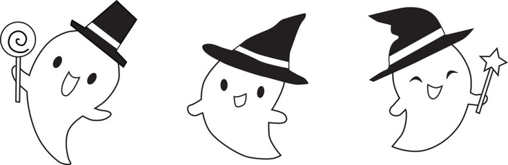 Line drawing of cute Halloween ghosts. Vector illustration.