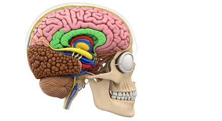 Detailed human brain cross section with skull and colorful internal anatomical structures anatomy isolated on a white transparent background png file download.
