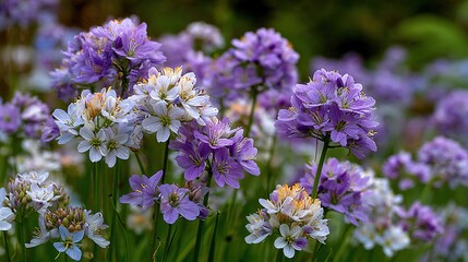 Cluster of Small Purple and White Flowers Blooming on the Lawn: Vibrant and Natural Garden Beauty
