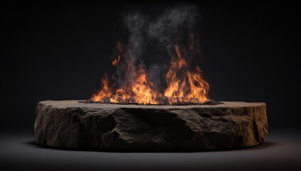 A vibrant fire burns within a large, round, rough-hewn stone basin against a dark background; smoke gently rises