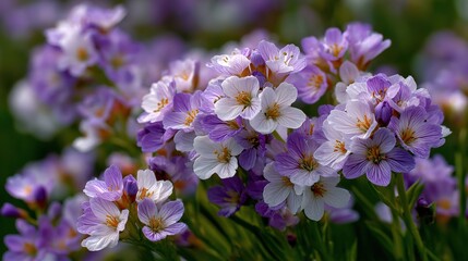 Obraz premium Cluster of Small Purple and White Flowers Blooming on the Lawn: Vibrant and Natural Garden Beauty
