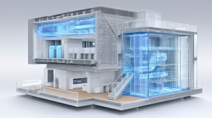 Modern Building Cutaway 3D Render Blue Energy Systems and Geometric Design