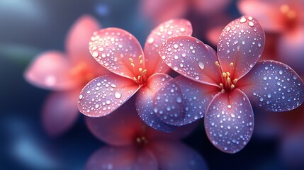 Close-Up of Delicate Pink-Purple Flowers with Iridescent Drops: Stamens, Petals, Soft Dark Blue-Purple Background