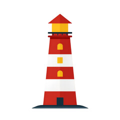 A vibrant red and white lighthouse stands tall against a clear blue sky, symbolizing guidance and safety for sea travelers.
