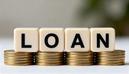 LOAN shown on matte plastic blocks placed neatly on stacks of coins