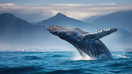 Naklejka premium Majestic Humpback Whale Breaching in Ocean with Mountains in Background Captured in Stunning Detail