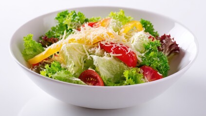 A vibrant mixed green salad in a white bowl, featuring cherry tomatoes, yellow and red bell peppers, and shredded cheese.  The salad is brightly lit against a white background