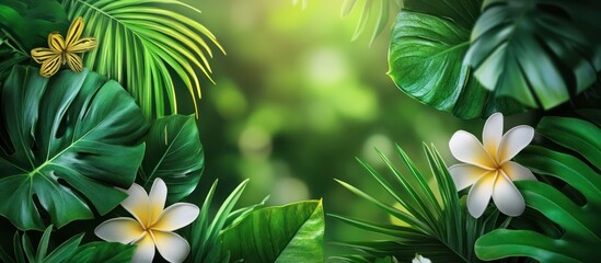 Tropical paradise lush foliage, white flowers, jungle backdrop, ideal for travel brochure