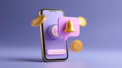 3D smartphone with notification bubble, golden coins, and play button, symbolizing mobile app marketing, online shopping, and financial alerts.