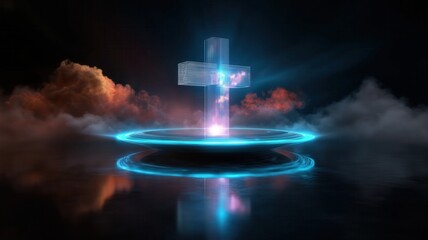 Futuristic glowing cross with neon light reflection and dramatic clouds, representing digital spirituality, divine power, and hope.