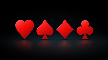 Glossy 3D red cards suit symbols on a dark background, including heart, spade, diamond, and club, symbolizing casino and poker games.