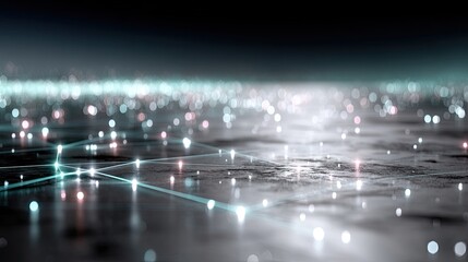 Abstract Futuristic Blue Hologram Network Connection on Dark Reflective Surface