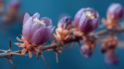 Close Up of Etched Pale Purple Flower Buds on a Thorny Stem Against a Blue Background, Delicate and Artistic Botanical Detail