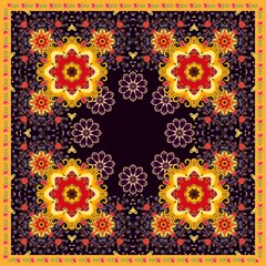 Luxurious print for a square scarf or carpet with bright mandalas, floral patterns, leaves, berries, hearts on a black background in vector. Ethnic motifs.